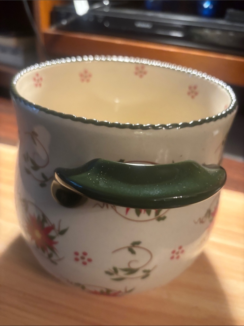 Temp-Tations Cream Ceramic Bowl with Red Floral Design and Green Leaves - Picture 5 of 9